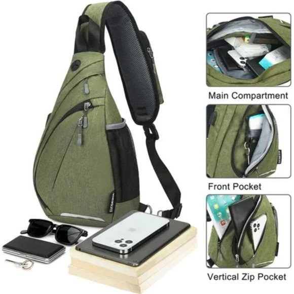 New Water Resistant Hiking Shoulder Bag Unisex Army Green - Picture 2 of 7